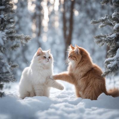 The image features two cats sitting in the snow, facing each other. They appear to be looking at each other, possibly engaging in a playful interaction. The cats are positioned close to each other, with one cat being slightly larger than the other. The scene is set in a snowy environment, with trees in the background. The overall atmosphere of the image is calm and serene, with the cats enjoying their time in the snow.